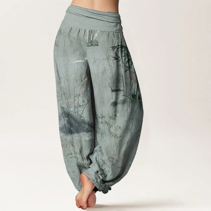 Buddha Stones Pure Cotton Casual Bamboo Rock Ink Painting Women's Elastic Waist Harem Pants
