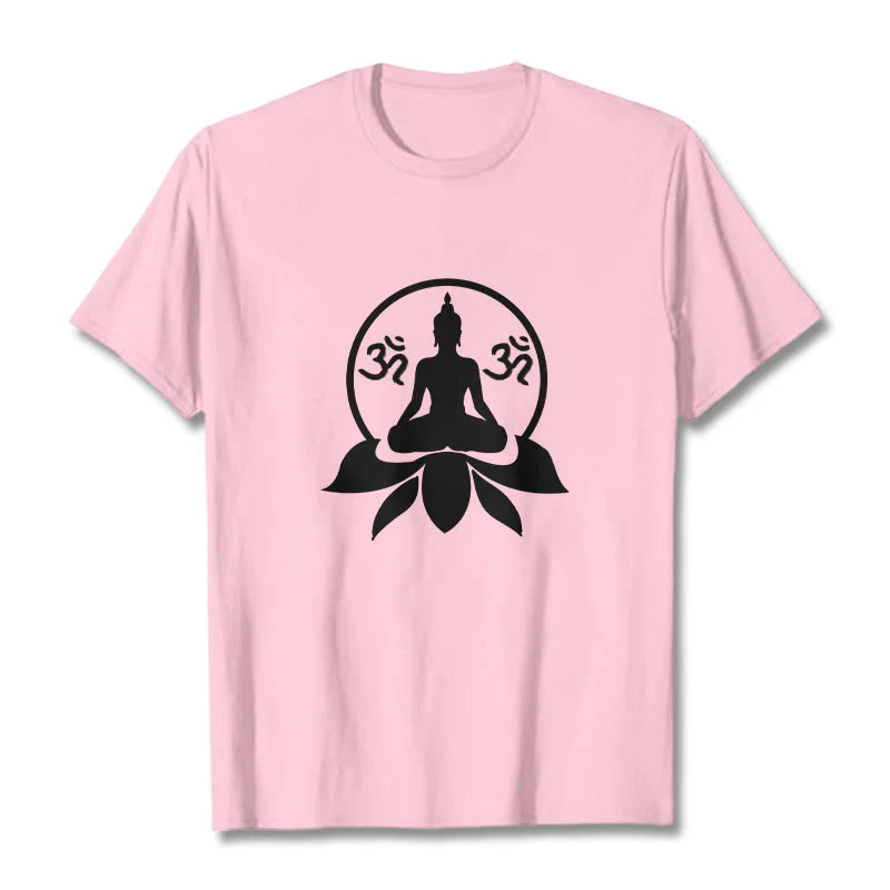 Buddha Stones OM Symbol Sanskrit Mantras Buddha Seated On Lotus Flower Design Tee T-shirt