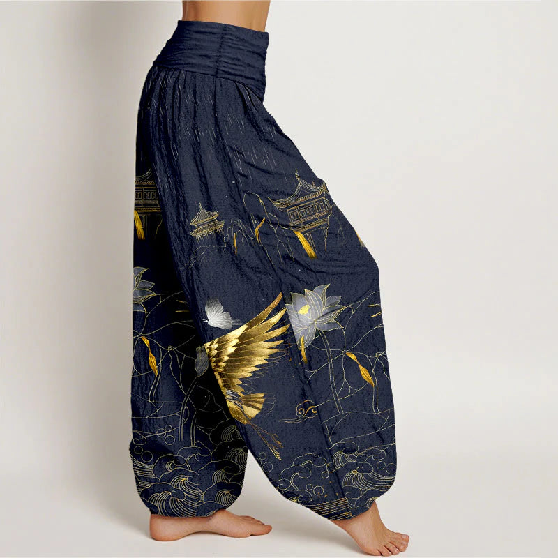 Buddha Stones Cotton Crane Lotus Mountain Pavilion Pattern Women's Elastic Waist Harem Pants
