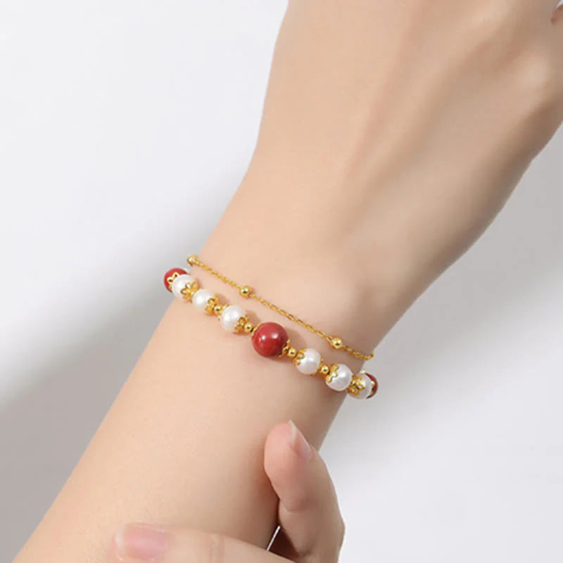 Buddha Stones 925 Sterling Silver Pearl Cinnabar Wisdom Bead Double Layer Chain Bracelet