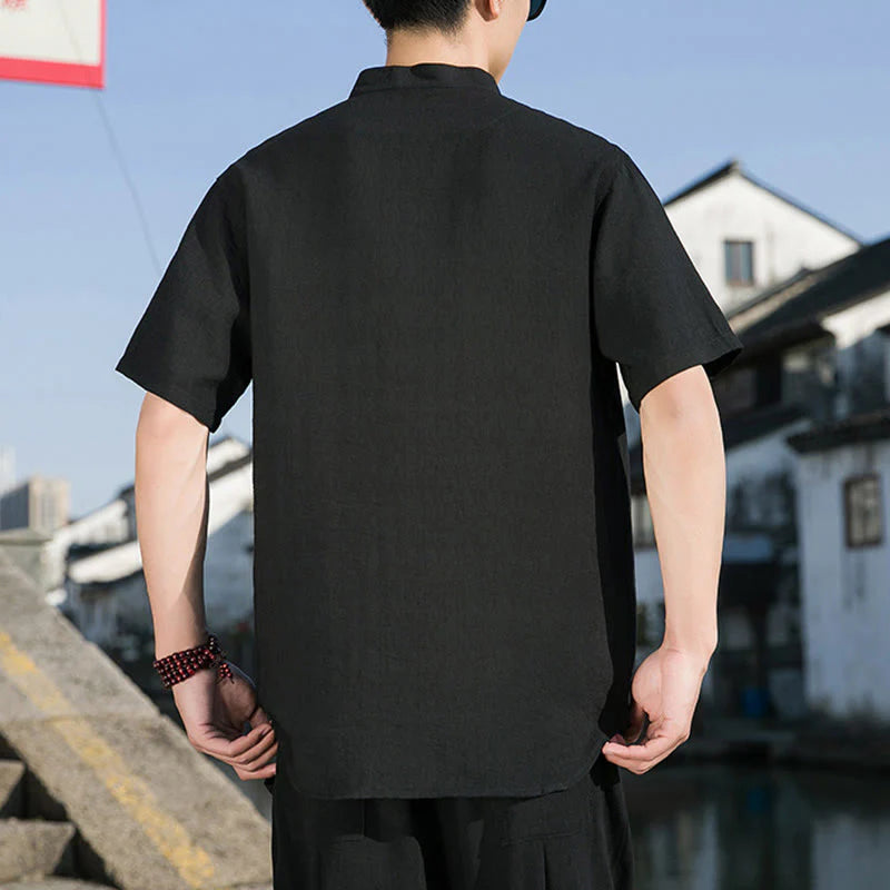 Buddha Stones Summer Solid Color Front Button Design Men's Half Sleeve Cotton Shirt