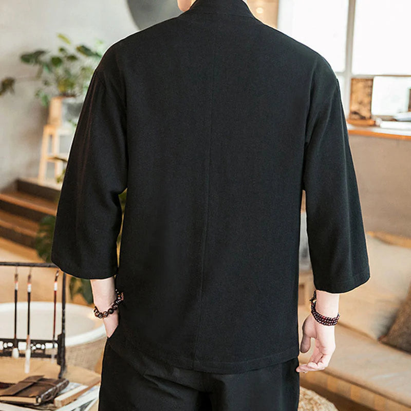 Buddha Stones Plain Chinese Frog-Button Jacket Cotton Linen Men's Three Quarter Sleeve Kimono