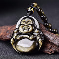 Buddha Stones Laughing Buddha Gold Sheen Obsidian Wealth Necklace Pendant