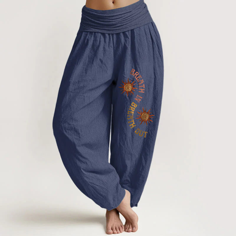 Buddha Stones Pure Cotton Warm Tones Sun English Phrases Pattern Women's Elastic Waist Harem Pants