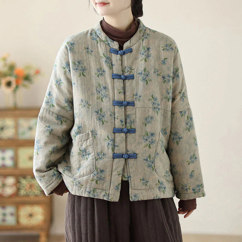 Buddha Stones Women's Long Sleeve Thermal Cotton Printed Florwer Pattern Jacket With Pockets