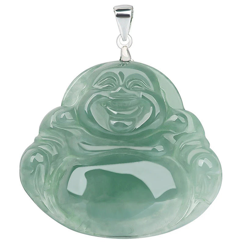 Buddha Stones Laughing Buddha Jade Protection Calm Titanium Steel Chain Necklace Pendant