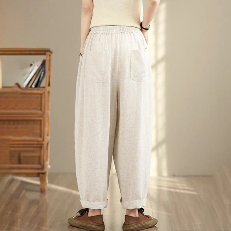 Buddha Stones Women's Fall Plain Color Drawstring Cotton Linen 7-8 Length Pants With Pockets