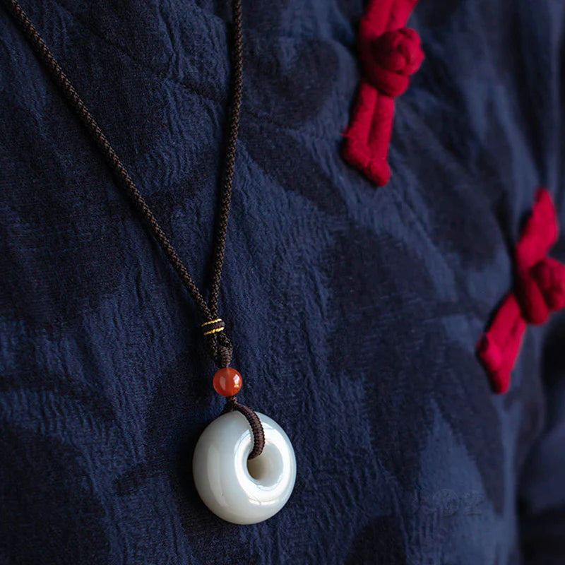 Buddha Stones Natural Round Jade Gray Jade Peace Buckle Luck Necklace Pendant