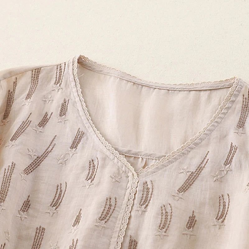 Buddha Stones Casual Shooting Star Embroidery V-Neck Half Sleeve Cotton Linen Women's Shirt