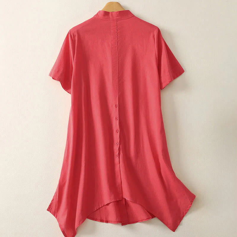 Buddha Stones Summer Stand Collar Short Sleeve Plain Women's Buttons Cotton Shirt With Pocket