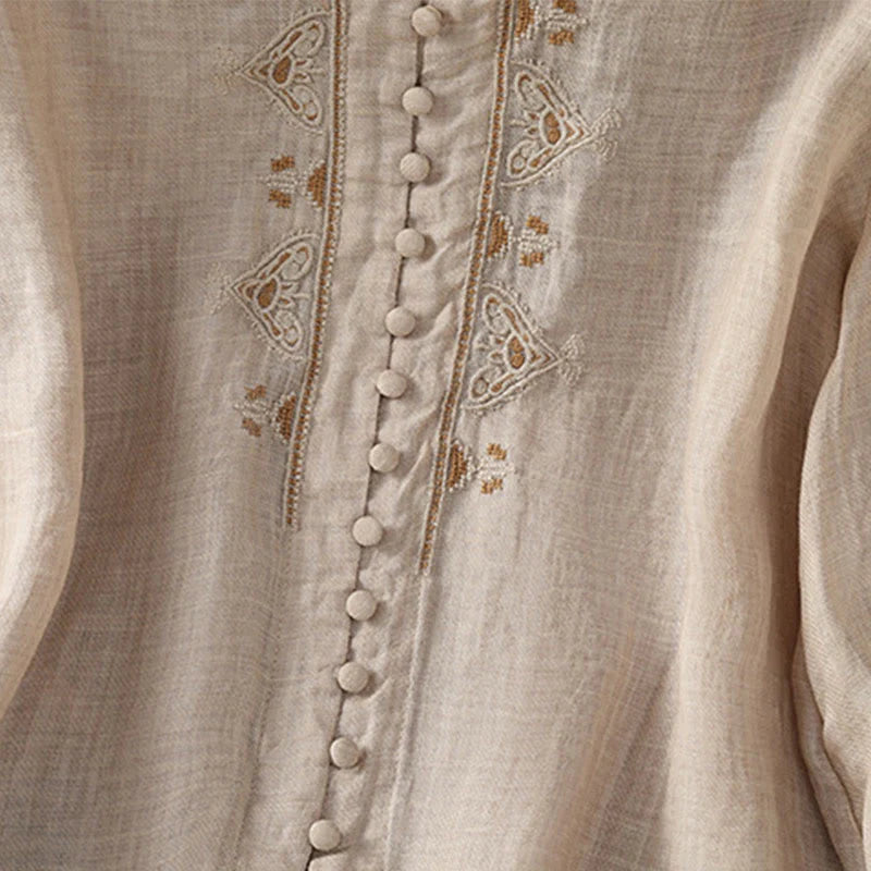 Buddha Stones Casual Embroidery Single Breasted Button Polyester Half Sleeve Women's V-neck Shirt
