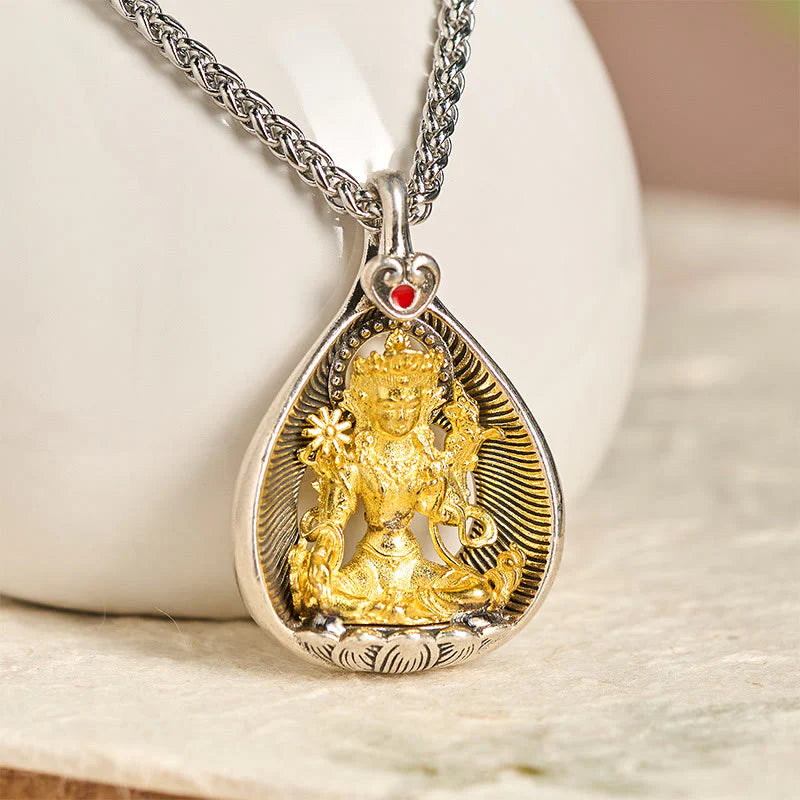 Buddha Stones Green Tara Shakyamuni Buddha Copper Plated Silver Curb Chain Luck Pendant Necklace