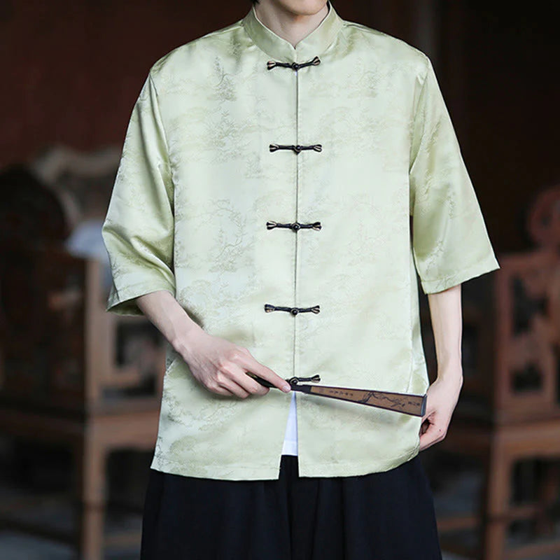 Buddha Stones Summer Pine Tree Mountain Pattern Half Sleeve Frog-Button Design Men's Shirt