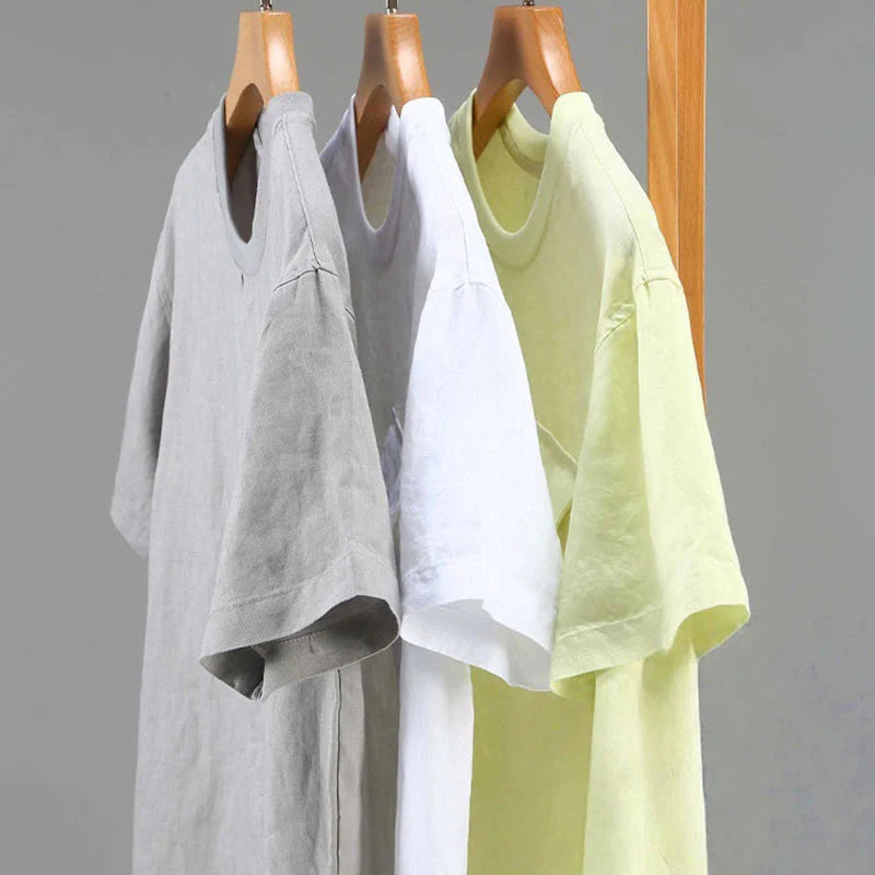 Buddha Stones Crew Neck Simple Design Men's Short Sleeve Linen Shirt With Pocket