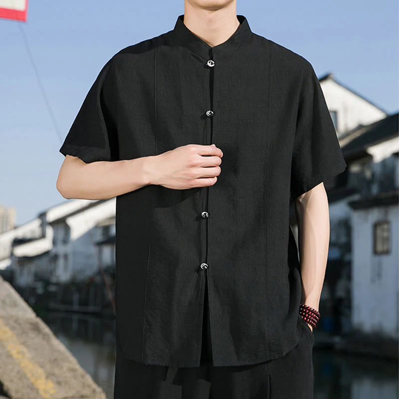 Buddha Stones Summer Solid Color Front Button Design Men's Half Sleeve Cotton Shirt