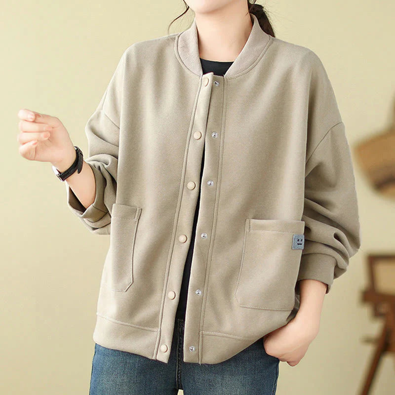 Buddha Stones Plain Women's Buttons Crew Neck Long Sleeve Cotton Jacket With Pockets
