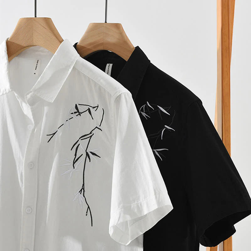 Buddha Stones Artistic Simple Design Embroidery Bamboo Pattern Men's Short Sleeve Cotton Shirt
