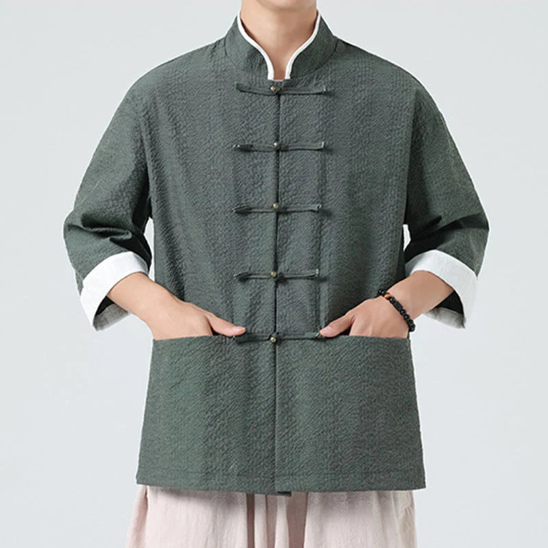 Buddha Stones Spring Solid Color Three Quarter Sleeve Tang Suit Men's Buttons Shirt With Pockets