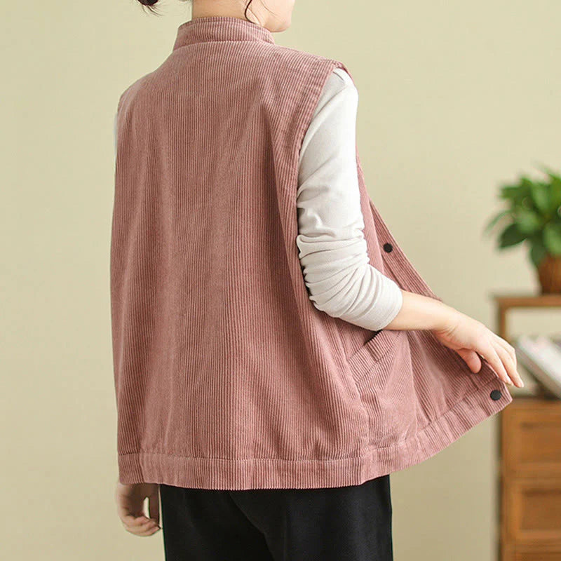 Buddha Stones Plain Sleeveless Women's Cotton Vest Corduroy Waistcoat With Pockets