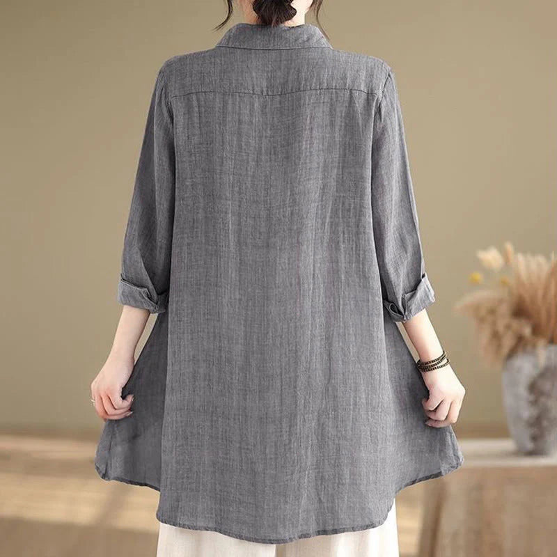 Buddha Stones Irregular Design Buttons Long Sleeve Women's Cotton Shirt