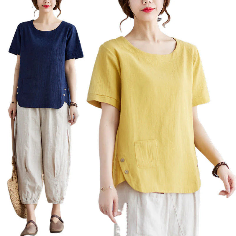 Buddha Stones Side Slit Design Women's Cotton Linen Crew Neck Short Sleeve T-Shirt Wtih Pocket
