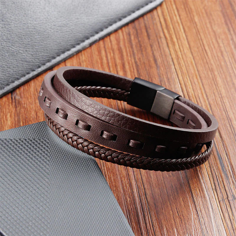 Buddha Stones Titanium Steel Buckle Multilayered Braided Leather Calm Bracelet