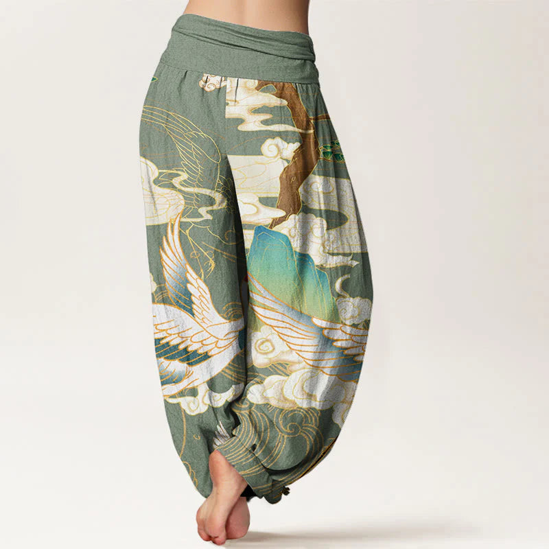 Buddha Stones Cotton Flying Cranes Auspicious Clouds Tree women's Elastic Waist Harem Pants
