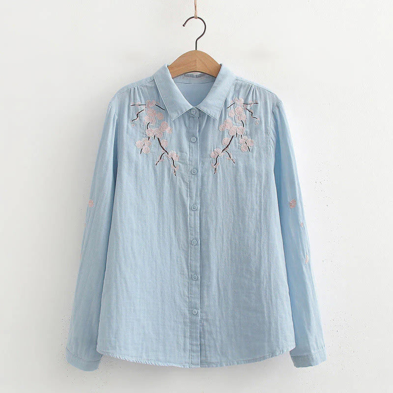 Buddha Stones Fall Pink Plum Blossoms Embroidery Buttons Women's Cotton Long Sleeve Shirt