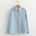 Buddha Stones Fall Pink Plum Blossoms Embroidery Buttons Women's Cotton Long Sleeve Shirt