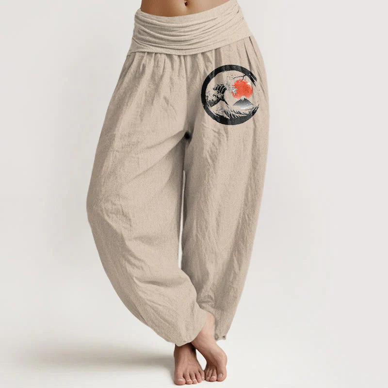 Buddha Stones Wave Sun Mountains Pattern Women's Elastic Waist Harem Pure Cotton Pants