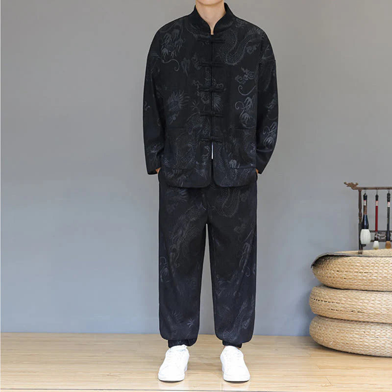Buddha Stones 2Pcs Fall Winter Men's Tang Suit Dragon Frog-Button Cotton Corduroy Long Sleeve Jacket Pants Set With Pockets