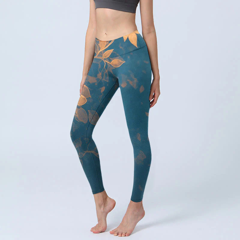 Buddha Stones Elegant Leaf Pattern Print Gym Leggings Women's Yoga Pants