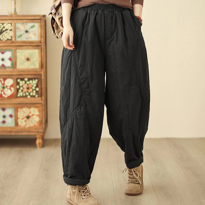 Buddha Stones Winter Plain High Waist Cotton Women's Harem Thermal Elastic Waist Pants With Pockets