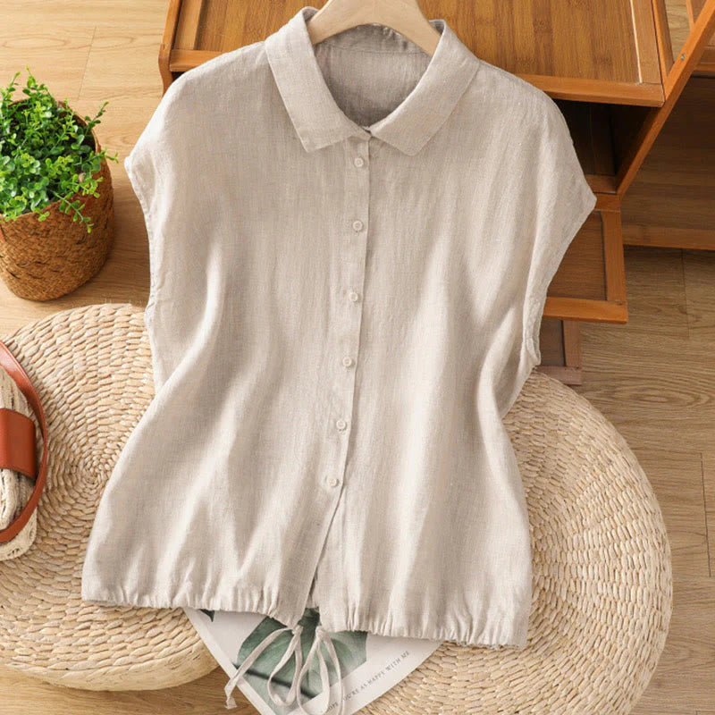 Buddha Stones Summer Plain Color Button Short Sleeve Women's Cotton Shirt
