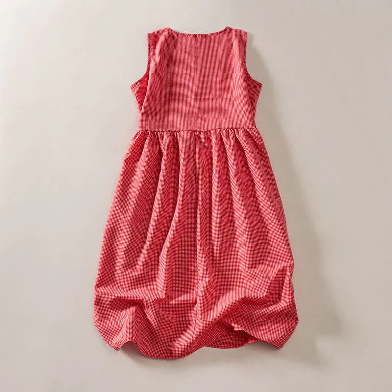Buddha Stones Summer Coral Gingham Sleeveless A Line Vacation Casual Knee Length Dress With Pockets