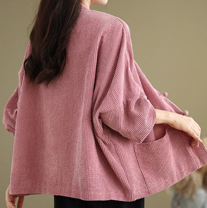 Buddha Stones Frog-button Stand Collar Women's Corduroy Jacket