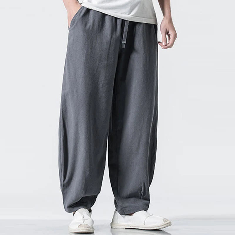 Buddha Stones Drawstring Elastic Waist Ankle-Length Men's Cotton Pants With Pockets