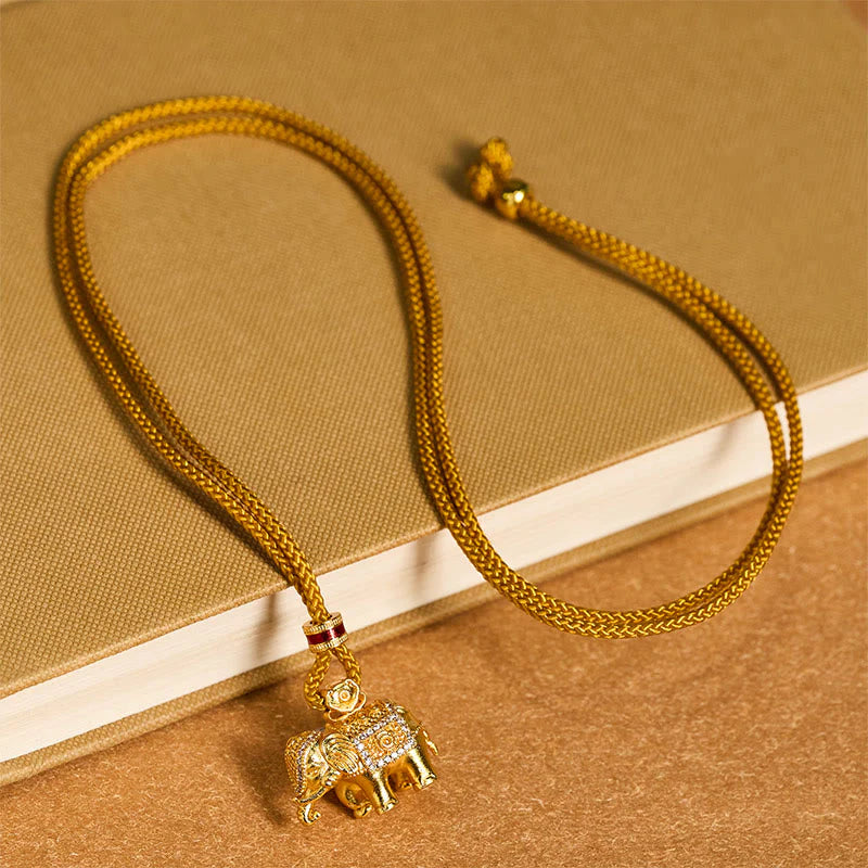 Buddha Stones 24k Gold Plated Brass Elephant Charm Strength Rope Necklace Pendant