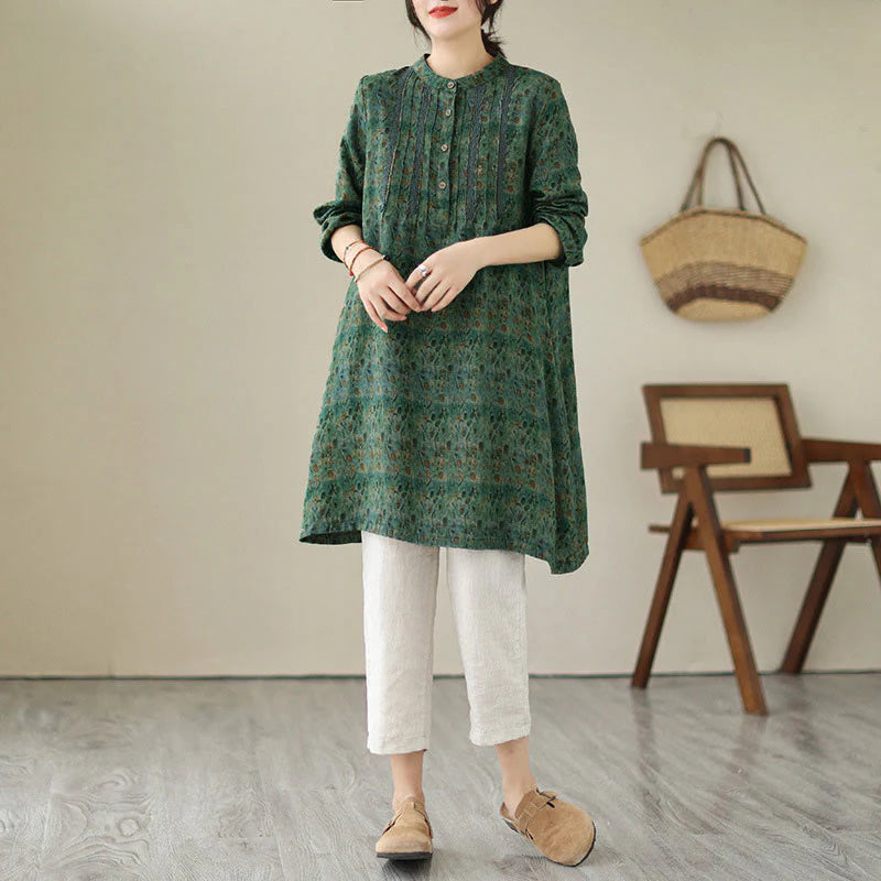 Buddha Stones Retro Printed Floral Women's Accordion Pleats Design Long Sleeve Shirt With Pockets