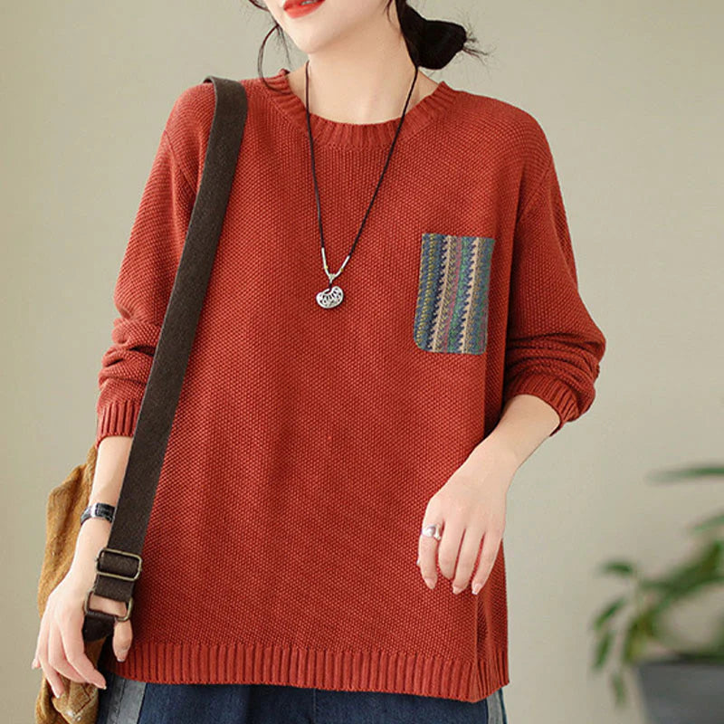 Buddha Stones Fall Floral Decorative Pocket Pattern Knitted Cotton Women's Long Sleeve Sweater