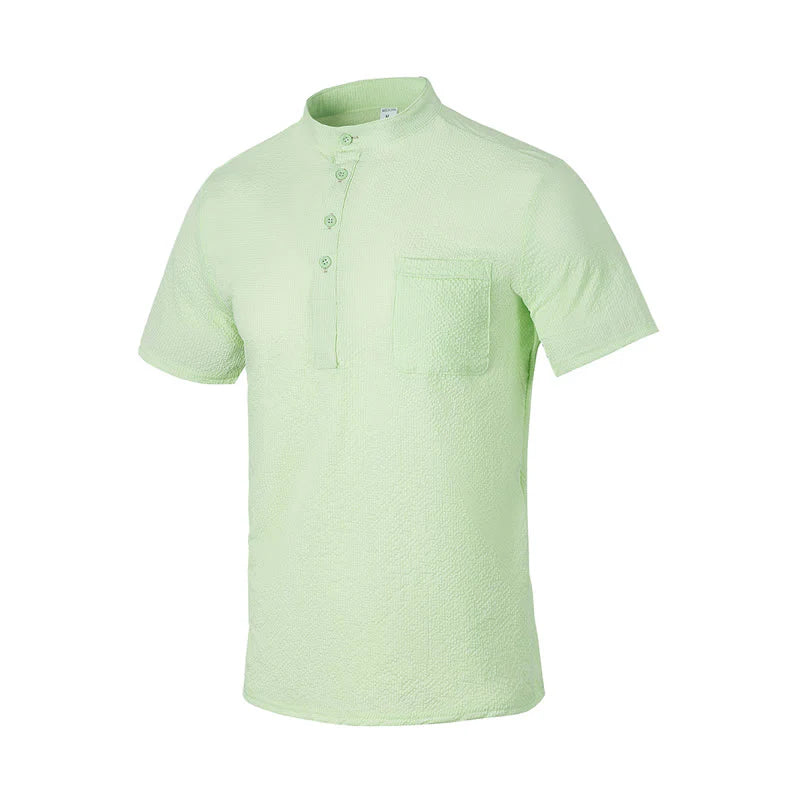 Buddha Stones Solid Color Polo Plaid Half Buttons Men's Short Sleeve Shirt