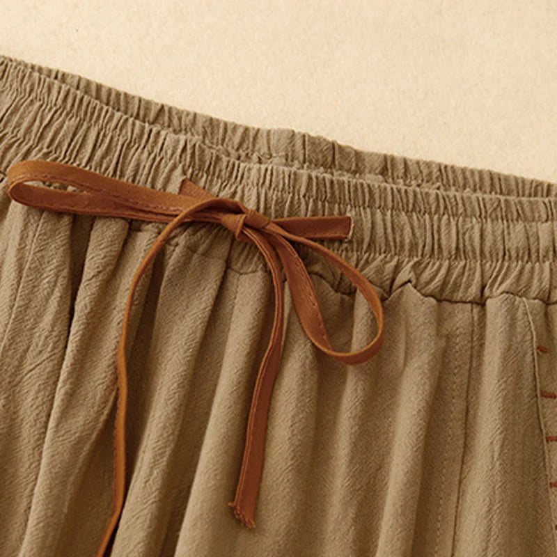 Buddha Stones Casual Simple Design Drawstring Split Cotton Linen Women's Wide Leg Pants With Pockets