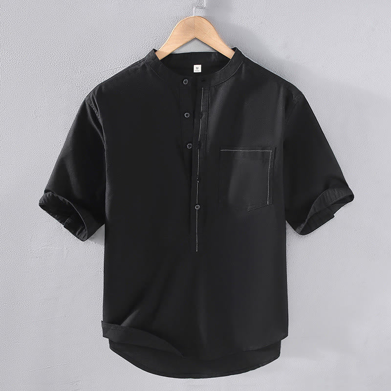 Buddha Stones Spring Pure Color Half Buttons Design Stand Collar Men's Short Sleeve Linen Shirt With Pocket