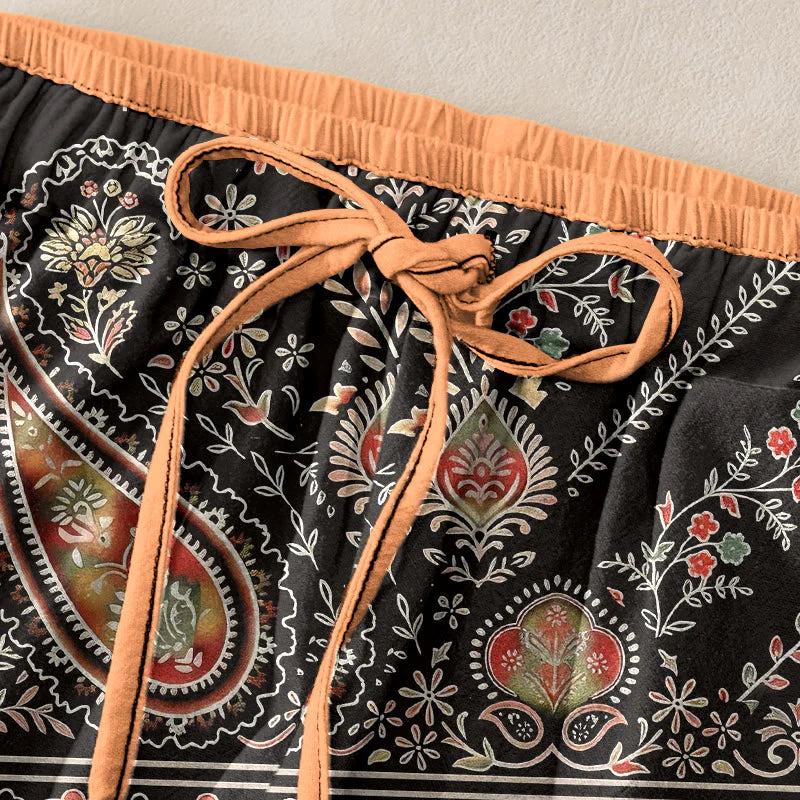 Buddha Stones Pure Cotton Paisley Lotus Pattern Women's Elastic Waist Pants With Pockets