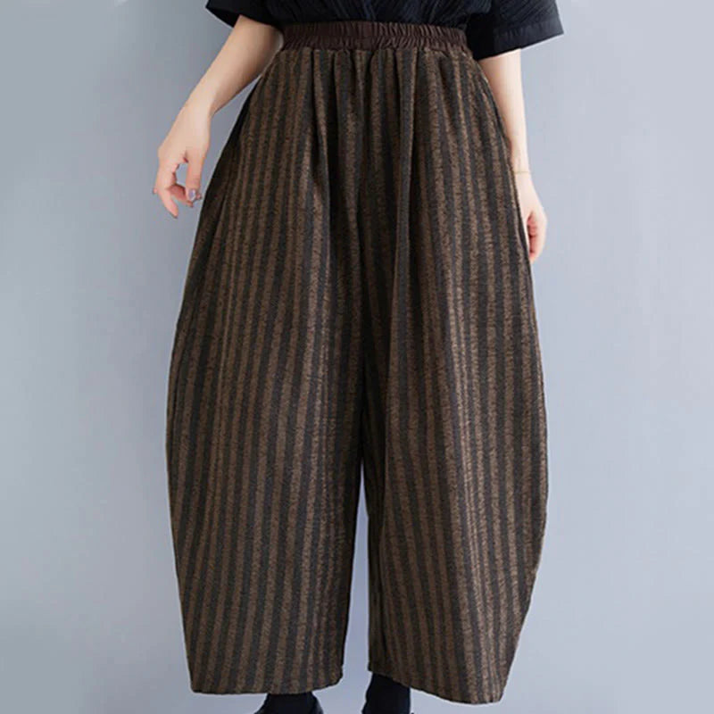 Buddha Stones Casual 7-8 Length Corduroy Stripes Women's Polyester Wide Leg Pants With Pockets