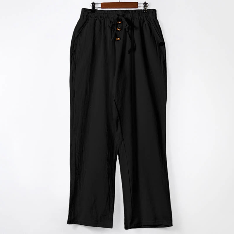Buddha Stones Solid Color Buttons Drawstring Men's Cotton Pants With Pockets
