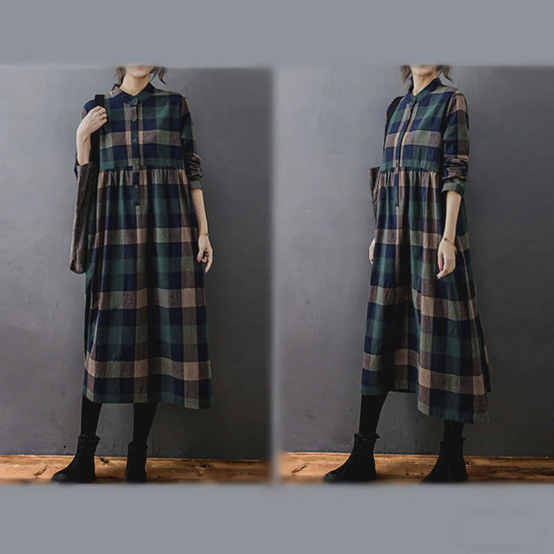 Buddha Stones Commute Patchwork Color Plaid Long Sleeve Cotton Midi Dress