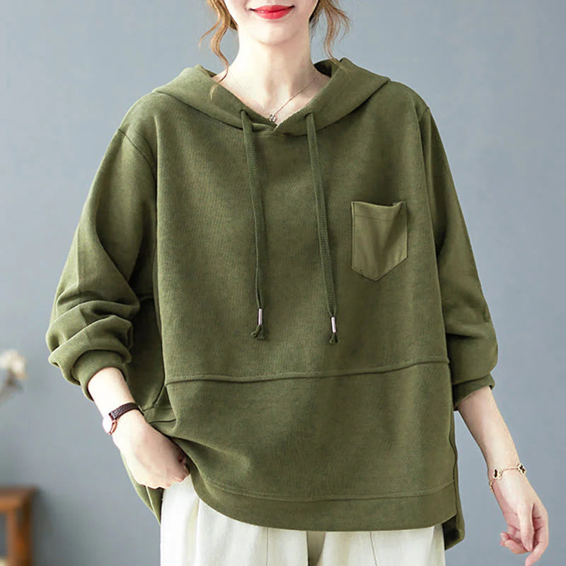Buddha Stones Fall Solid Color Decorative Pocket Cotton Long Sleeve Women's Hoodie
