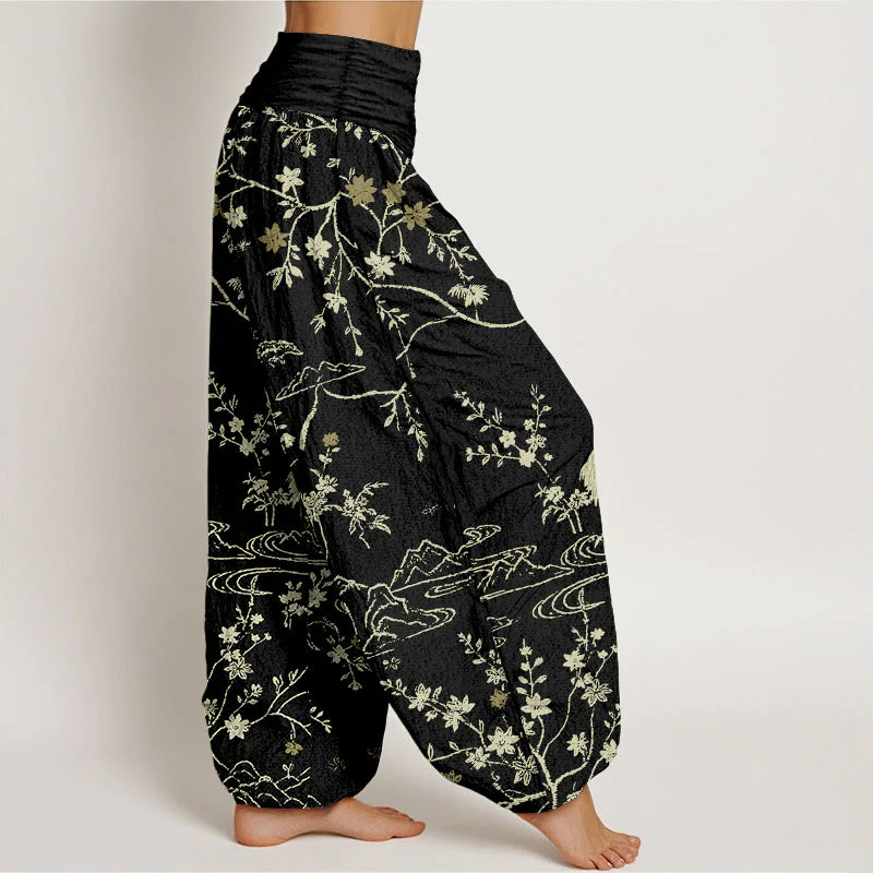 Buddha Stones Crane Floral Tree Branches Pattern Print Women's Elastic Waist Harem Pure Cotton Pants