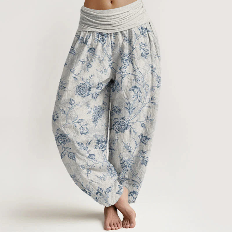 Buddha Stones Cotton Full Coverage Flowers Pattern Women's Elastic Waist Harem Pants
